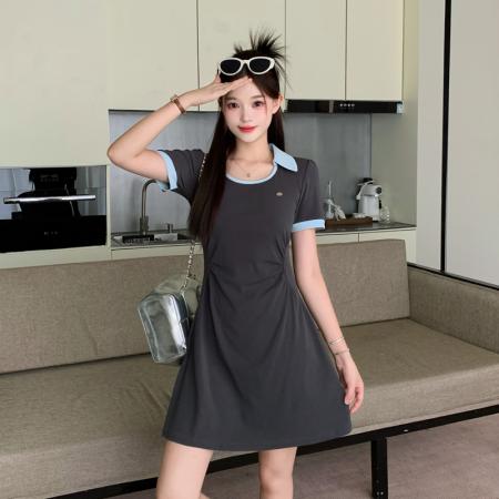 BY21556# 大码女装胖MM时尚简约收腰POLO领撞色设计中长款连衣裙  服裝批發女裝批發服飾貨源