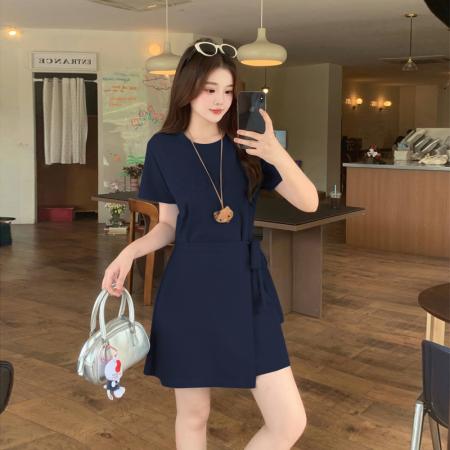 BY21557# 大码女装胖MM显瘦百搭遮肉立体字母短袖连衣裙  服裝批發女裝批發服飾貨源
