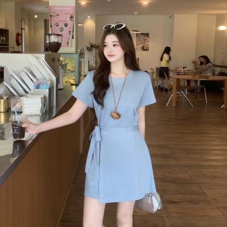 BY21557# 大码女装胖MM显瘦百搭遮肉立体字母短袖连衣裙  服裝批發女裝批發服飾貨源