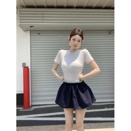 BY21565# 不减价白色蕾丝边打底衫上衣+花苞裙假两件松紧腰半身裙裤  服裝批發女裝批發服飾貨源
