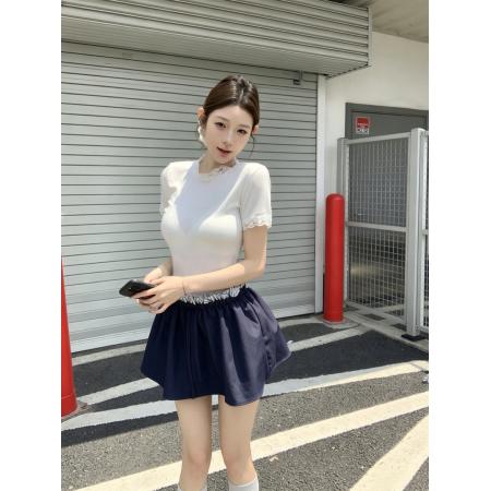 BY21565# 不减价白色蕾丝边打底衫上衣+花苞裙假两件松紧腰半身裙裤  服裝批發女裝批發服飾貨源