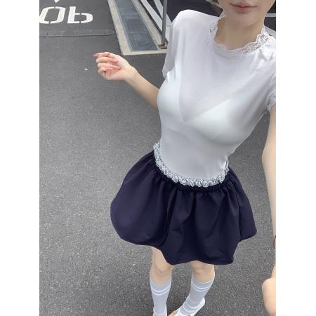 BY21565# 不减价白色蕾丝边打底衫上衣+花苞裙假两件松紧腰半身裙裤  服裝批發女裝批發服飾貨源