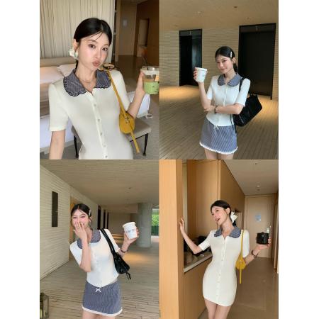 BY21571# HAMYIHO学院风娃娃领上衣针织短袖t恤女夏季a字半身裙连衣裙套装  服裝批發女裝批發服飾貨源