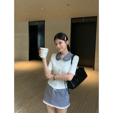 BY21571# HAMYIHO学院风娃娃领上衣针织短袖t恤女夏季a字半身裙连衣裙套装  服裝批發女裝批發服飾貨源