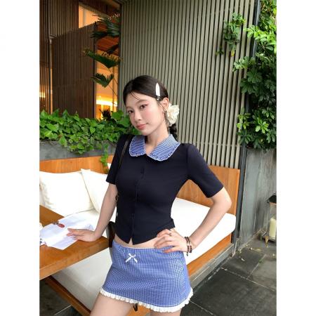 BY21571# HAMYIHO学院风娃娃领上衣针织短袖t恤女夏季a字半身裙连衣裙套装  服裝批發女裝批發服飾貨源
