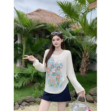 BY21573# 夏季新款大码女装花朵涂鸦彩绘长袖罩衫轻薄防晒T恤  服裝批發女裝批發服飾貨源