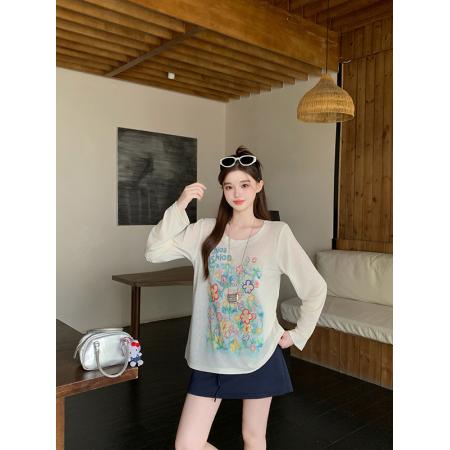 BY21573# 夏季新款大码女装花朵涂鸦彩绘长袖罩衫轻薄防晒T恤  服裝批發女裝批發服飾貨源