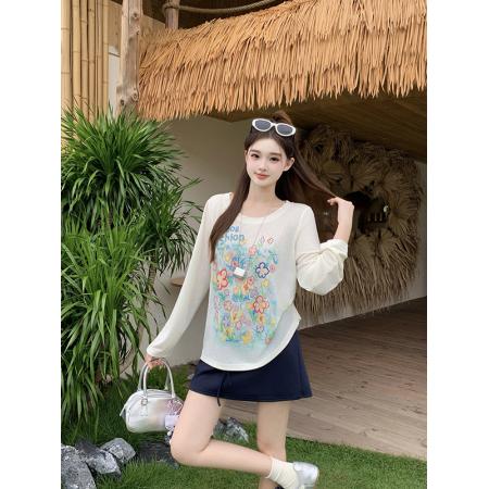 BY21573# 夏季新款大码女装花朵涂鸦彩绘长袖罩衫轻薄防晒T恤  服裝批發女裝批發服飾貨源