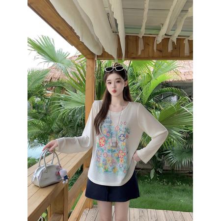 BY21573# 夏季新款大码女装花朵涂鸦彩绘长袖罩衫轻薄防晒T恤  服裝批發女裝批發服飾貨源