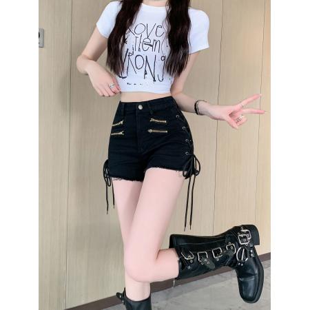 BY21580# 辣妹低腰牛仔短裤女夏季新款抽绳毛边修身显瘦直筒热裤  服裝批發女裝批發服飾貨源