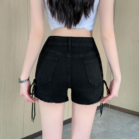 BY21580# 辣妹低腰牛仔短裤女夏季新款抽绳毛边修身显瘦直筒热裤  服裝批發女裝批發服飾貨源