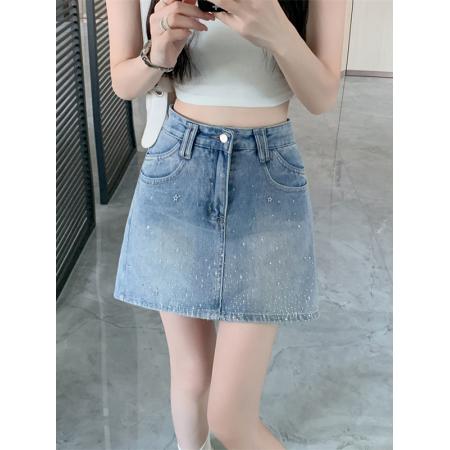 BY21581# 韩版高级感烫钻牛仔半身裙女夏季时尚复古显瘦包臀短裙  服裝批發女裝批發服飾貨源