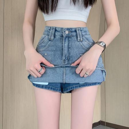 BY21581# 韩版高级感烫钻牛仔半身裙女夏季时尚复古显瘦包臀短裙  服裝批發女裝批發服飾貨源