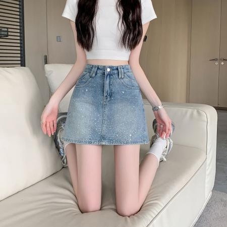 BY21581# 韩版高级感烫钻牛仔半身裙女夏季时尚复古显瘦包臀短裙  服裝批發女裝批發服飾貨源