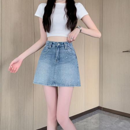 BY21581# 韩版高级感烫钻牛仔半身裙女夏季时尚复古显瘦包臀短裙  服裝批發女裝批發服飾貨源