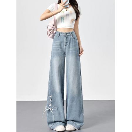 BY21583# 蝴蝶结格子翻边阔腿牛仔裤女新款设计感直筒裤  服裝批發女裝批發服飾貨源