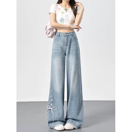 BY21583# 蝴蝶结格子翻边阔腿牛仔裤女新款设计感直筒裤  服裝批發女裝批發服飾貨源