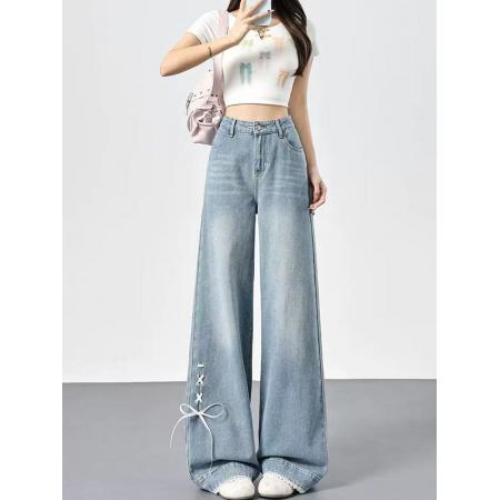 BY21583# 蝴蝶结格子翻边阔腿牛仔裤女新款设计感直筒裤  服裝批發女裝批發服飾貨源