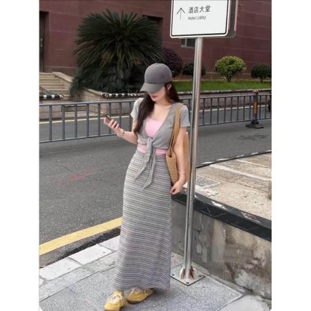 BY21589# 26夏季新款韩版短款防晒开衫绑带修身背心+条纹半身裙时尚套装  服裝批發女裝批發服飾貨源