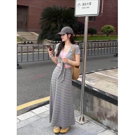 BY21589# 26夏季新款韩版短款防晒开衫绑带修身背心+条纹半身裙时尚套装  服裝批發女裝批發服飾貨源