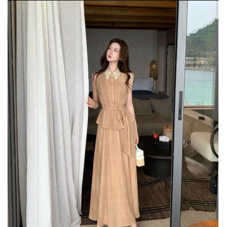 BY21592# 风息渡夏复古风蕾丝花边无袖上衣垂感半身裙亚麻套装  服裝批發女裝批發服飾貨源