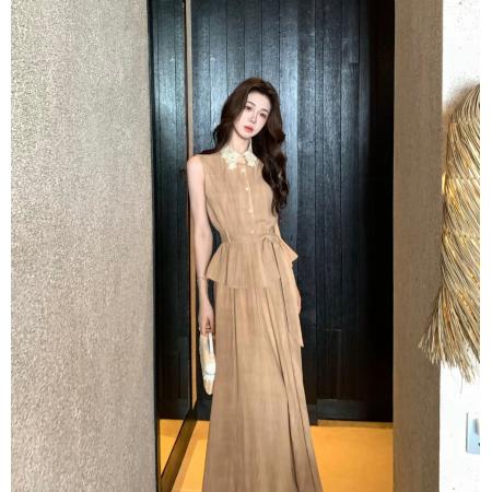 BY21592# 风息渡夏复古风蕾丝花边无袖上衣垂感半身裙亚麻套装  服裝批發女裝批發服飾貨源