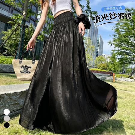 BY21615# 流光纱裤裙女夏季垂坠感松紧高腰百搭宽松拖地休闲冰丝阔腿裤  服裝批發女裝批發服飾貨源