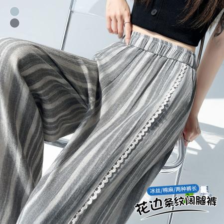 BY21616# 冰丝棉麻条纹蕾丝拼接阔腿裤女夏季慵懒风高腰显瘦直筒休闲裤  服裝批發女裝批發服飾貨源