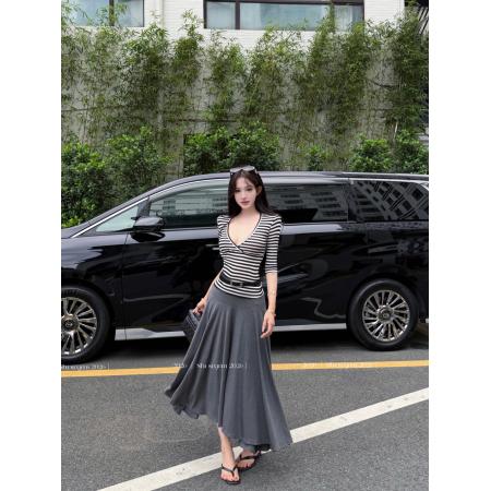 BY21617# 条纹七分袖T恤女+莱赛尔不规则灰色半身裙  服裝批發女裝批發服飾貨源