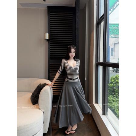 BY21617# 条纹七分袖T恤女+莱赛尔不规则灰色半身裙  服裝批發女裝批發服飾貨源