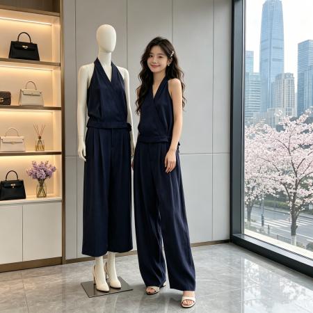 BY21629# 松弛通勤莱赛尔上衣阔腿裤两件套女简约高级套装  服裝批發女裝批發服飾貨源