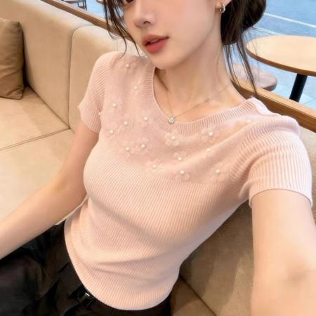 BY21637# 粉色钉珠花朵短袖针织衫女夏季新款漂亮显瘦绝美上衣  服裝批發女裝批發服飾貨源