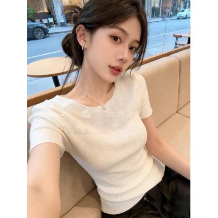 BY21637# 粉色钉珠花朵短袖针织衫女夏季新款漂亮显瘦绝美上衣  服裝批發女裝批發服飾貨源