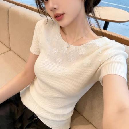 BY21637# 粉色钉珠花朵短袖针织衫女夏季新款漂亮显瘦绝美上衣  服裝批發女裝批發服飾貨源
