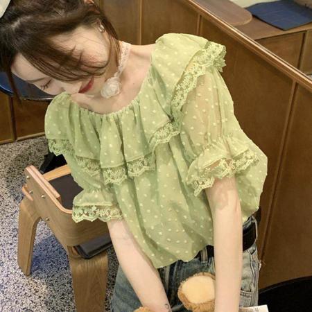 法式蕾丝荷叶边设计感花边独特别致减龄洋气一字肩衬衫露肩  服裝批發女裝批發服飾貨源