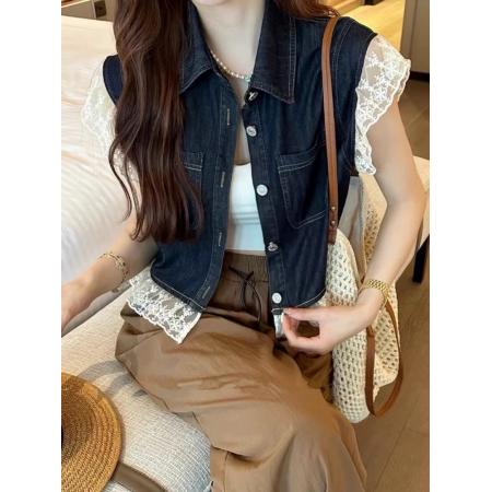 BY21645# 夏季新款设计感蕾丝拼接薄款无袖马甲上衣  服裝批發女裝批發服飾貨源