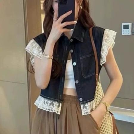 BY21645# 夏季新款设计感蕾丝拼接薄款无袖马甲上衣  服裝批發女裝批發服飾貨源