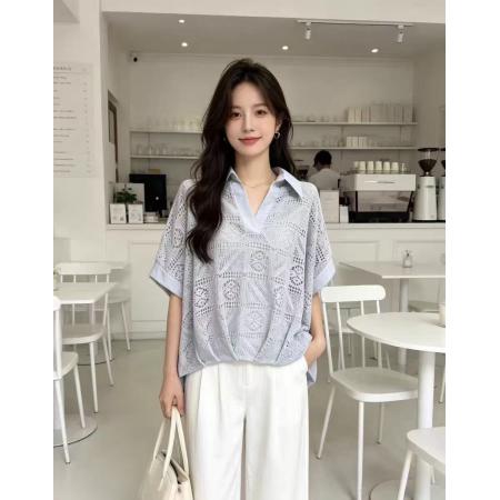 BY21647# 韩国东大门春装女装新款翻领镂空小清新前短后长短袖衬衫  服裝批發女裝批發服飾貨源