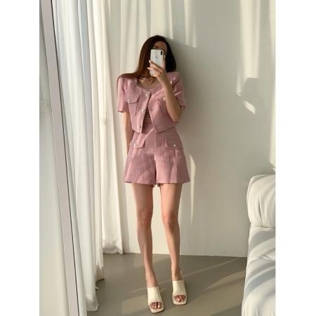 BY21648# 韩版小香风套装纯色系扣短袖外套+短裤两件套  服裝批發女裝批發服飾貨源