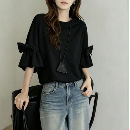 BY21650# 新款夏季短袖纯色T恤女蝴蝶结设计休闲上衣  服裝批發女裝批發服飾貨源