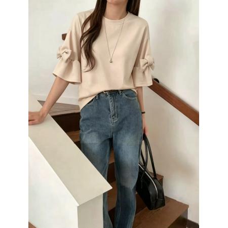BY21650# 新款夏季短袖纯色T恤女蝴蝶结设计休闲上衣  服裝批發女裝批發服飾貨源