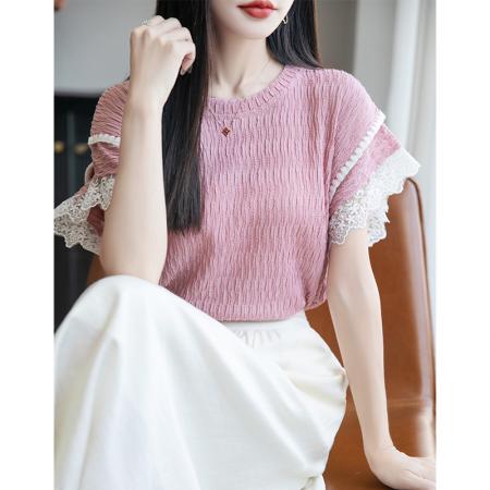 海酸盐拼蕾丝甜美粉色短袖T恤女设计感百搭防走光上衣夏  服裝批發女裝批發服飾貨源