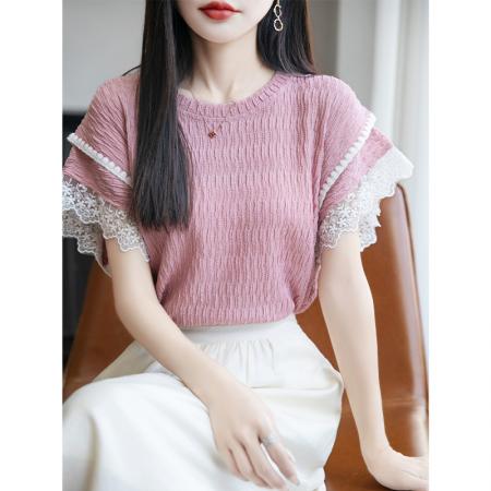 海酸盐拼蕾丝甜美粉色短袖T恤女设计感百搭防走光上衣夏  服裝批發女裝批發服飾貨源