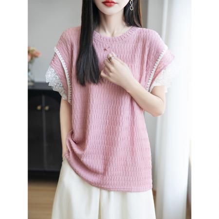 海酸盐拼蕾丝甜美粉色短袖T恤女设计感百搭防走光上衣夏  服裝批發女裝批發服飾貨源