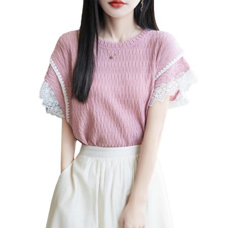 海酸盐拼蕾丝甜美粉色短袖T恤女设计感百搭防走光上衣夏  服裝批發女裝批發服飾貨源