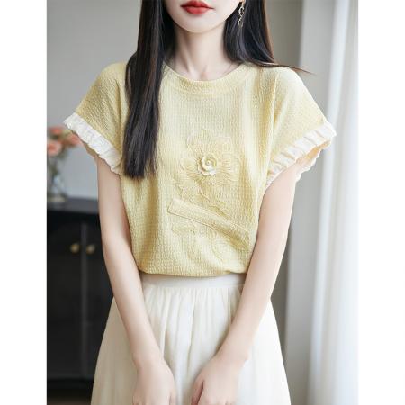 淡水菊蕊黄色立体花朵短袖T恤女设计感独特防走光上衣夏  服裝批發女裝批發服飾貨源