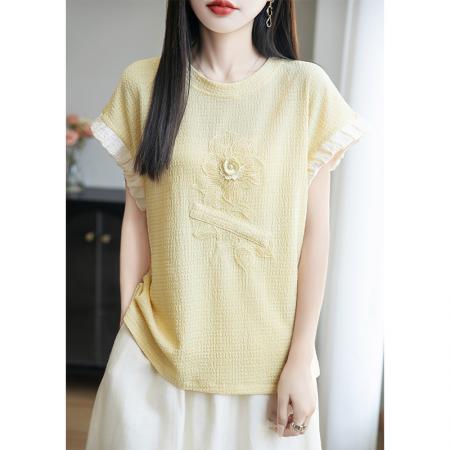 淡水菊蕊黄色立体花朵短袖T恤女设计感独特防走光上衣夏  服裝批發女裝批發服飾貨源