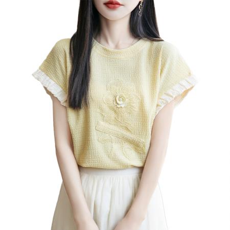 淡水菊蕊黄色立体花朵短袖T恤女设计感独特防走光上衣夏  服裝批發女裝批發服飾貨源