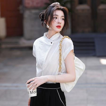 轻奢气质立领条纹短袖衬衫女拼接设计感百搭通勤上衣  服裝批發女裝批發服飾貨源