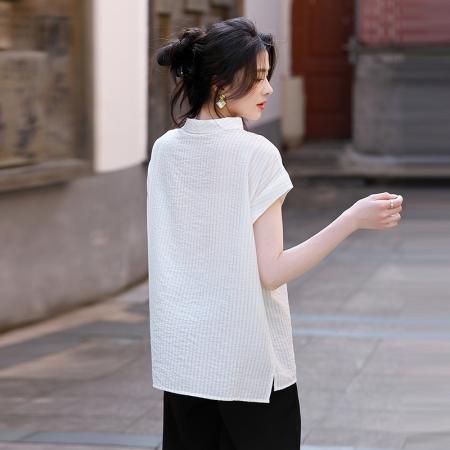 轻奢气质立领条纹短袖衬衫女拼接设计感百搭通勤上衣  服裝批發女裝批發服飾貨源